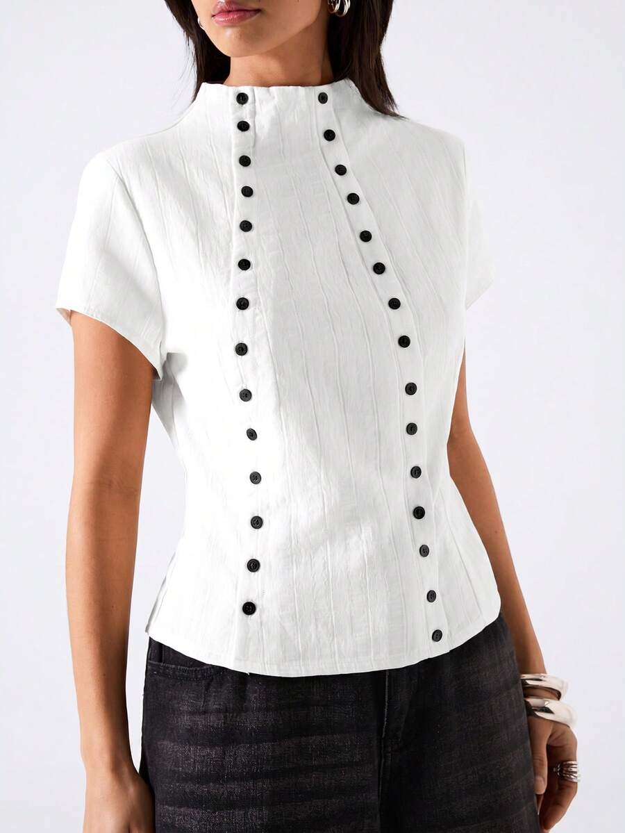 LYSMO Damen Casual Doppelreiher Trichter Kragen Kurzarm Top - Weiss - Übersicht 1