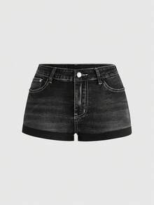 ROMWE Grunge Punk Shorts vaqueros de mujer con bordado de alas cruzadas, decoración de strass, estilo retro Y2K - Negro - Ver 2