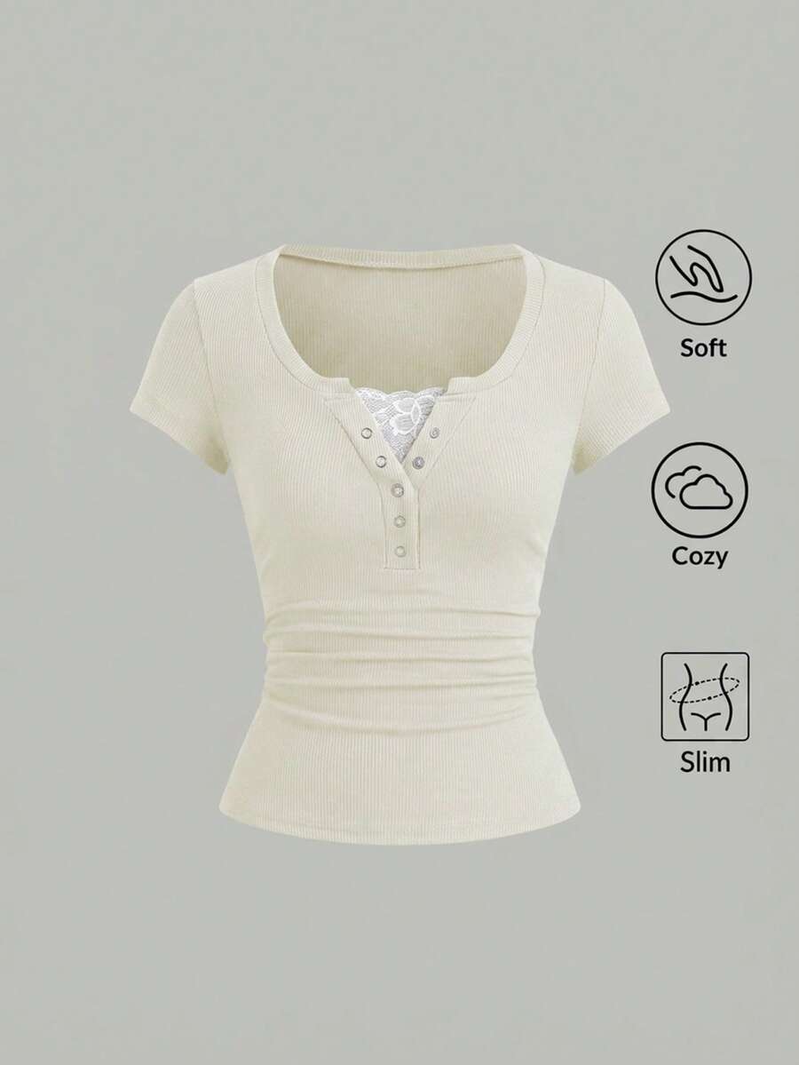 SHEIN Sweetro Áo thun ngắn tay nữ phong cách đường phố, cổ lửng, viền ren, màu trơn. - Kem - Xem 1