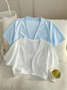 Comfortcana Plus Size Women Summer Short Sleeve Black & White 2 Pieces Open Front Jacket - Multicolor - View 3