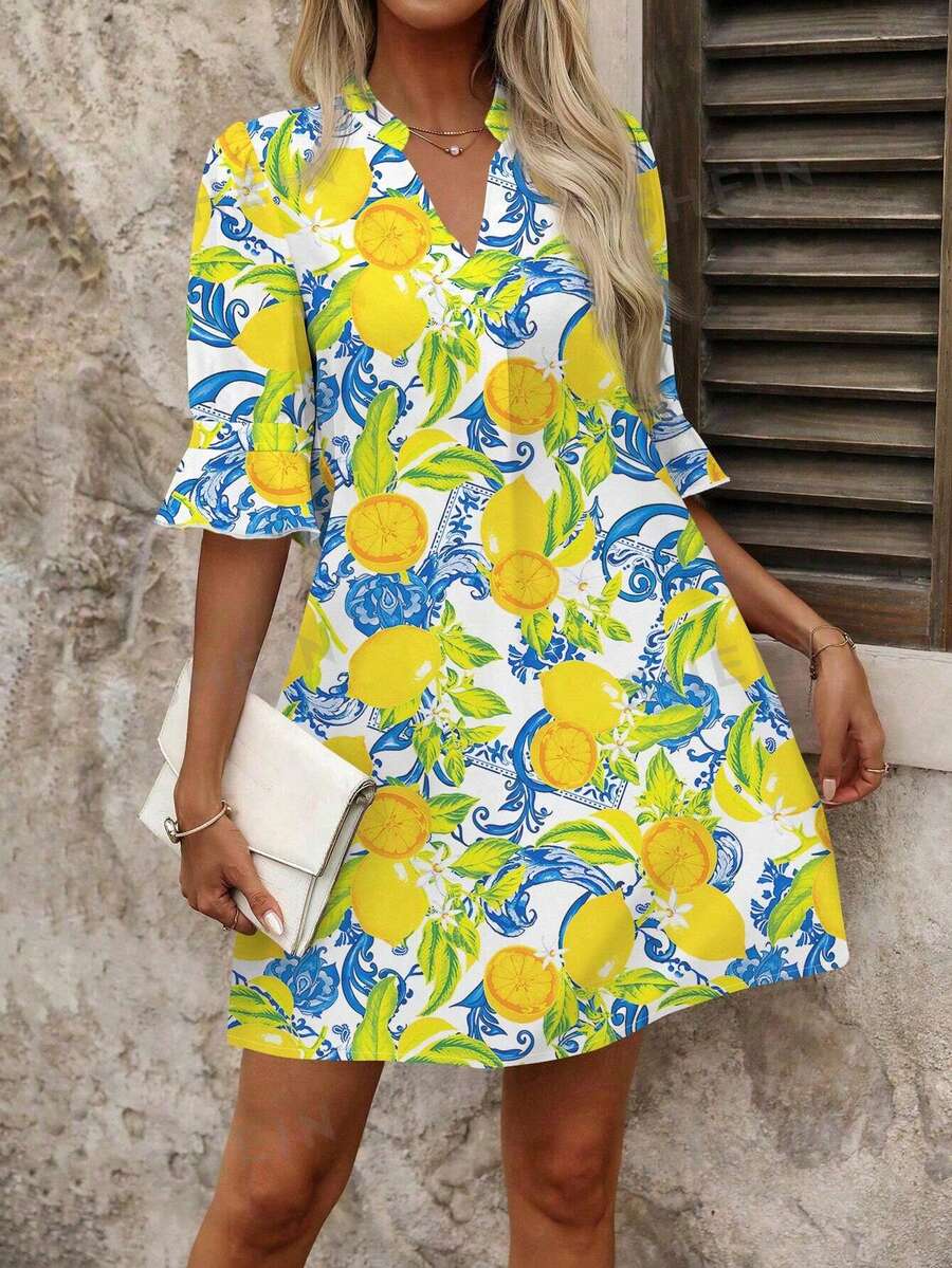 SHEIN Clasi 女士夏季柠檬印花黄色短裙 - 彩色 - 查看 1