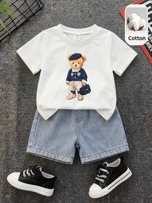 SHEIN 2件套男婴夏季休闲小熊图案白色T恤和蓝色牛仔短裤套装，牛仔套装，男婴T恤套装，可爱套装 - 彩色 - 查看 3