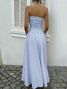 SHEIN EZwear 女士蓝白条纹无肩带连衣裙，适合度假、秋季时尚、婚礼宾客着装、生日派对、户外活动等场合。 - 彩色 - 查看 2