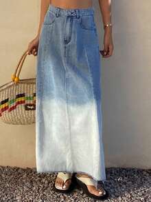 DAZY Faded Gradient Western Cowgirl A-Line Long Casual Vacation Denim Skirt For Women, Spring/Summer - Blue - View 3