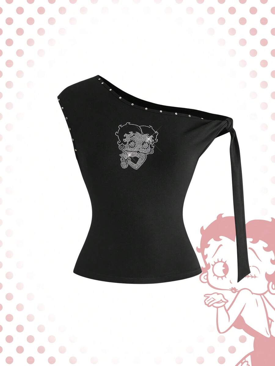 Betty Boop | ROMWE Áo thun nữ không tay, thiết kế bèo nhún, đính đá lấp lánh, họa tiết nhân vật hoạt hình, thích hợp cho mùa hè và đi học. - màu đen - Xem 1