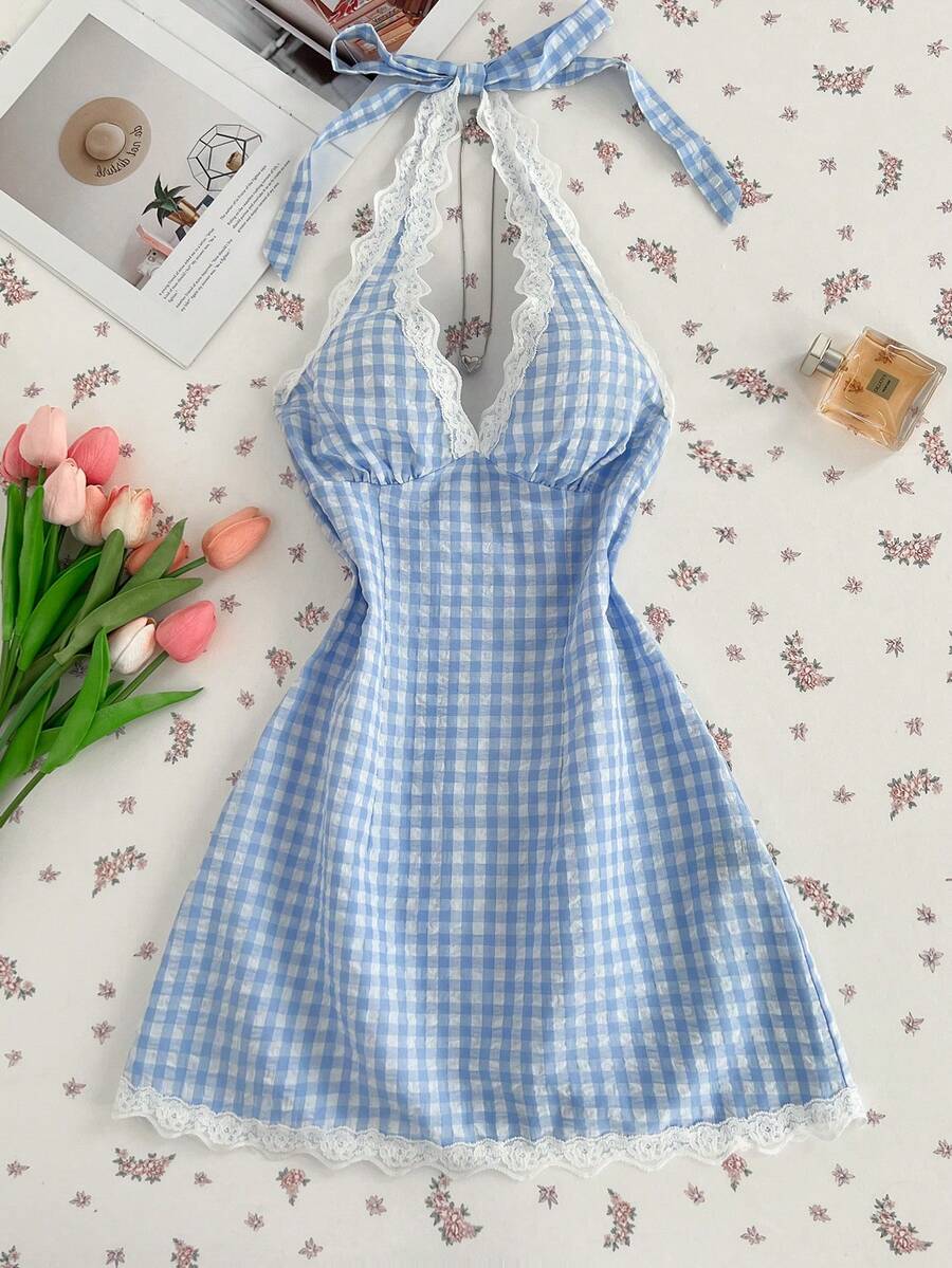 Elamini Women's V-Neck Lace Patchwork Sleeveless Backless Plaid Summer Dress - Blue - View 1