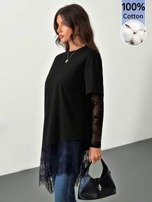 SHEIN Tall 黑色秋季優雅日常女款上衣，蕾絲袖口與下擺設計，寬鬆版型，適合冬季、聖誕節、晚宴或新年穿著 - 黑色 - 查看 7