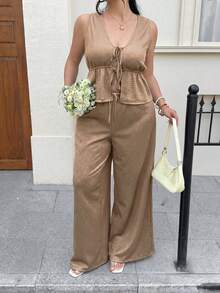 SHEIN EZwear Plus Size Women 2 Pieces Set: Solid Color Front Tie Vest And Pants, Casual - Khaki - View 3