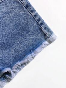 SHEIN ICON 夏季水洗无弹力休闲毛边短裤 - 中等水洗藍 - 查看 4