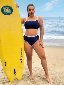 Swim SPRTY Conjunto de bikini de 2 piezas para mujer de talla grande, con recorte de contraste, para verano y vacaciones en la playa, bikini de cintura alta 2026 - Azul y blanco - Ver 5
