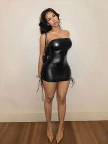 BamGleam 夏季女士性感仿皮系带露脐迷你连衣裙 - 黑色 - 查看 3