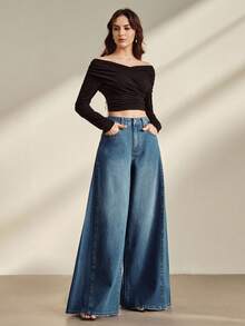 Quần jeans ống rộng màu xanh dương dành cho nữ, thiết kế xếp ly bên hông, phong cách thường ngày đi nghỉ mát. - Màu xanh lam - Xem 1