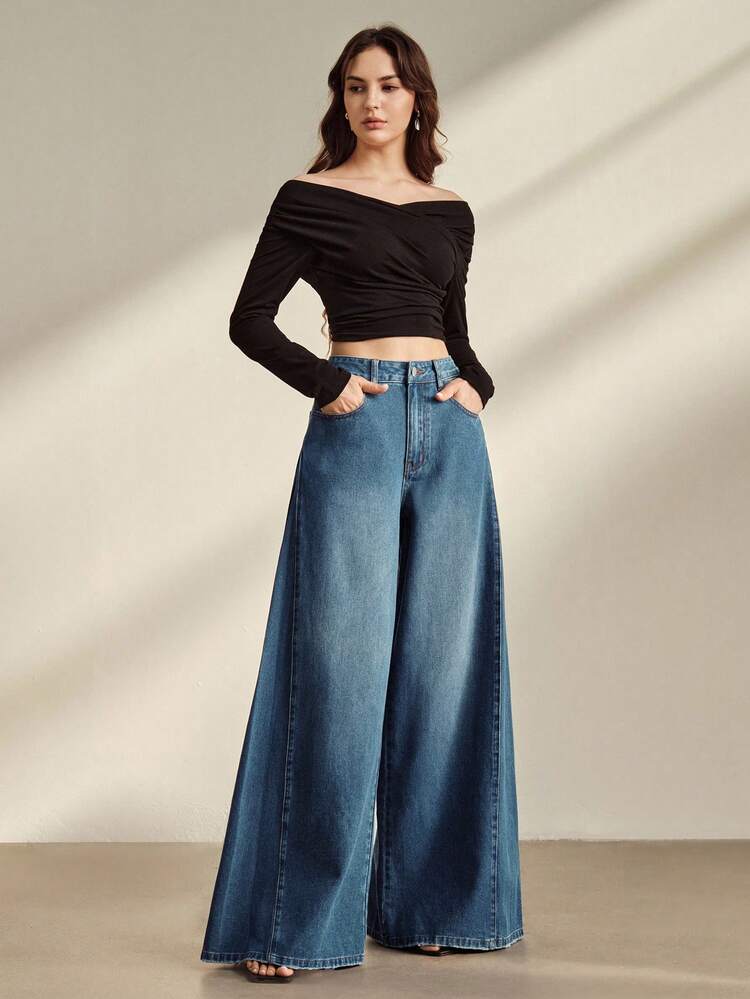 Women's Side Pleated Design Casual Vacation Style Blue Jeans Wide Leg Pants