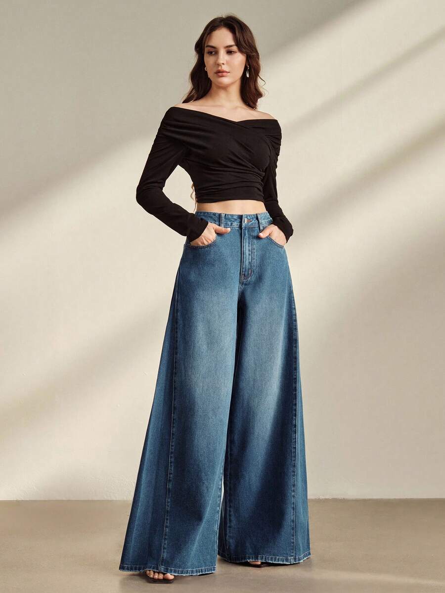 Quần jeans ống rộng màu xanh dương dành cho nữ, thiết kế xếp ly bên hông, phong cách thường ngày đi nghỉ mát. - Màu xanh lam - Xem 1