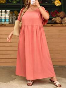 SHEIN CURVE+ Curve 尺码 US22 音乐节、海滨度假、波西米亚风随机印花休闲假日风格数码印花宽松短袖连衣裙 - 粉色 - 查看 5