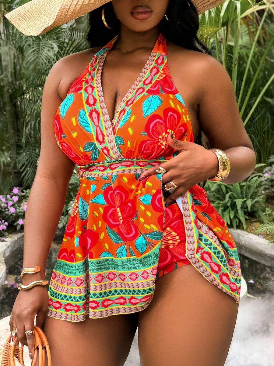 Slaydiva Bộ đồ bơi hai mảnh cỡ lớn dành cho nữ, họa tiết hoa màu cam, hàng mới về năm 2026, thời trang đi nghỉ mát và mặc hàng ngày, kiểu dáng rộng rãi, ôm bụng, cạp cao, hình tam giác, thích hợp cho váy bơi. - trái cam - Xem 1