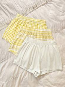 Napfluff Bộ 3 món quần pajama kẻ caro rộng rãi, thân thiện với da dành cho nữ, thích hợp mặc ở nhà. - Màu vàng - Xem 2