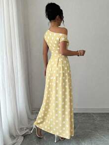 SHEIN Elenzya Đầm chữ A thanh lịch, lãng mạn, cổ lệch bất đối xứng, chấm bi, thích hợp cho tiệc trà ngày Valentine. - Nhiều màu - Xem 2