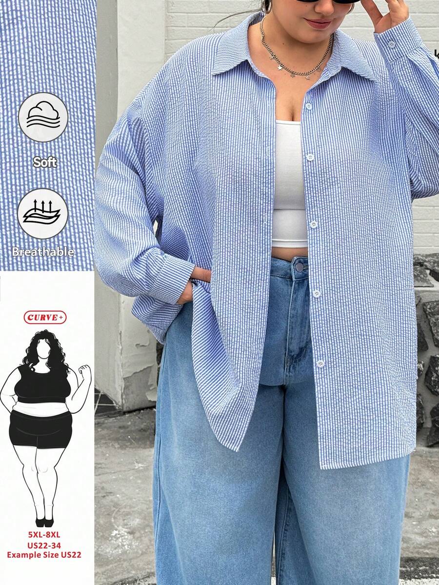 SHEIN CURVE+ Áo sơ mi dài tay cài cúc màu xanh dương xẻ tà sau, kiểu dáng thường ngày thoải mái, dễ mặc, cơ bản, đa năng, tôn dáng dành cho nữ, thích hợp mặc mùa xuân/hè, trang phục mùa xuân, áo kiểu nữ, kiểu dáng đơn giản, áo công sở, áo kẻ sọc.