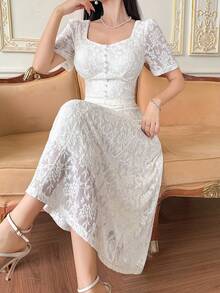 DAZY Women's Elegant Lace Puff Sleeve Blouse And Skirt 2 Pieces Set, Summer - Light Yellow - View 3