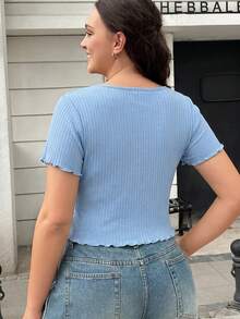 SHEIN EZwear Áo thun cổ chữ V màu xanh da trời trơn, cỡ lớn dành cho nữ. - Xanh da trời - Xem 2