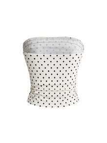 Sweetness Spring/Summer Women's Cute Sweet Ruffled Polka Dot Print Contrast Color Lace Bow Bandeau Top - Apricot - View 2