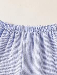 SHEIN 青少年男孩通勤休闲条纹立领衬衫和条纹短裤两件套，舒适时尚 - 藍色 - 查看 9
