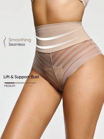SHAPORA Women's Khaki High-Waisted Mesh Striped Patchwork Shapewear Briefs, Fashionable Slimming, Suitable For Daily Commute And Fitness