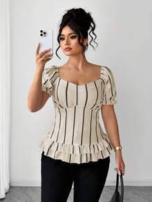 Elenzga Plus Size Women's Elegant Contrast Striped Petal Sleeve Ruffle Hem Blouse, Summer - Khaki - View 6