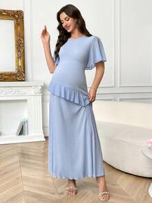 SHEIN Maternity Solid Color Round Neck Ruffle Hem Casual Elegant Photoshoot Dress Dresses For Pregnant Women Outfit Light Blue Summer - Blue - View 3