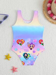 Young Girls Gradient Pink-Yellow Letter & Cartoon Character Print One-Piece Swimsuit - Multicolor - View 3