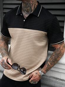 Manfinity CasualCool 男士时尚百搭纹理拼接纽扣半开襟休闲Polo衫 - 彩色 - 查看 1