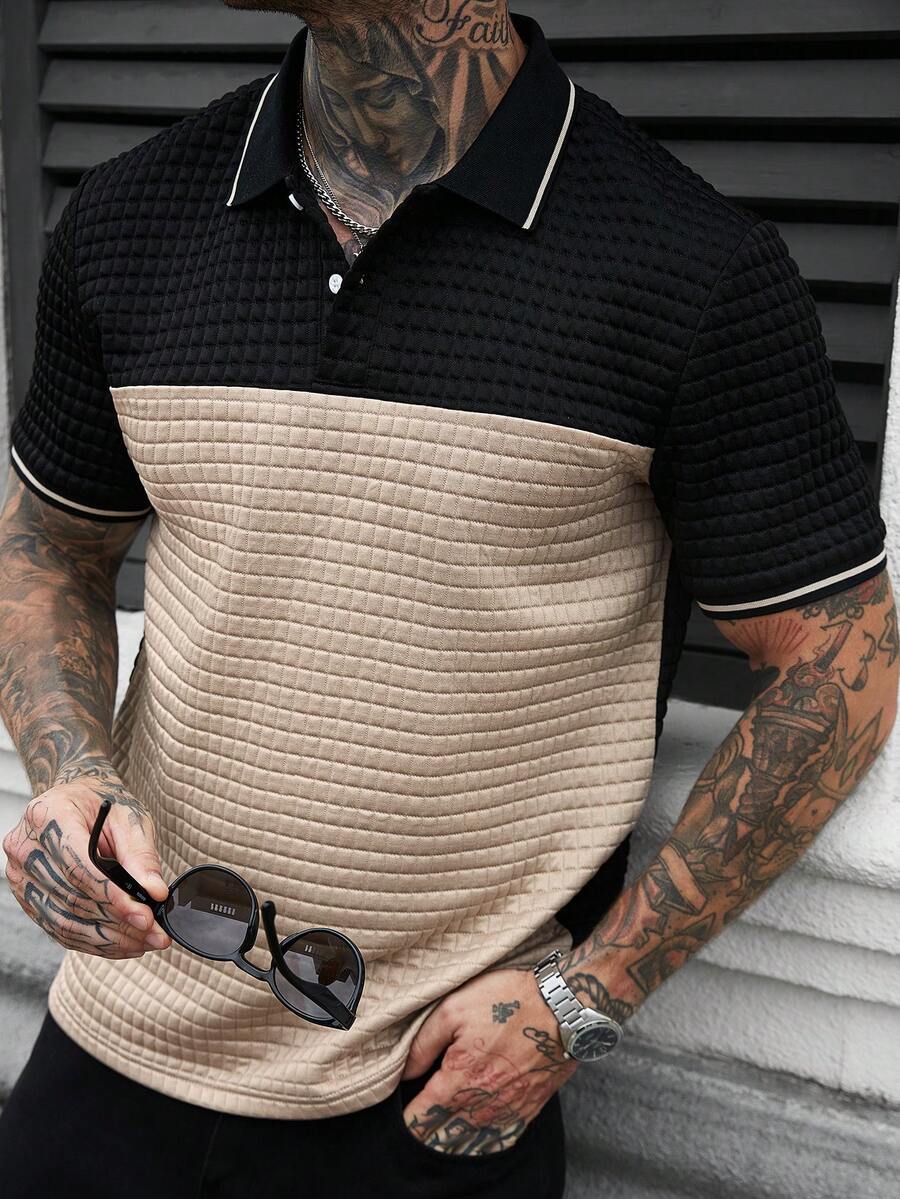 Manfinity CasualCool 男士时尚百搭纹理拼接纽扣半开襟休闲Polo衫 - 彩色 - 查看 1