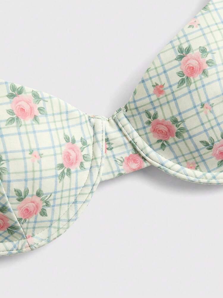 Vintage Floral Underwired Bikini Top With Scoop Neckline And Matching Bikini Bottom Spring Summer French Style Parisian Style Cute Swimwear Floral Beachwear 2 Pieces Set Women's Bikini Floral Bikini Plaid Bikini Bikini Set