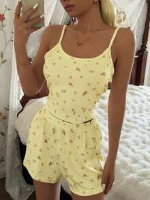 CottageSlumber 2pcs Ditsy Floral Camisole And Shorts Pajama Set, Sweet And Comfortable For Summer - Yellow - View 4