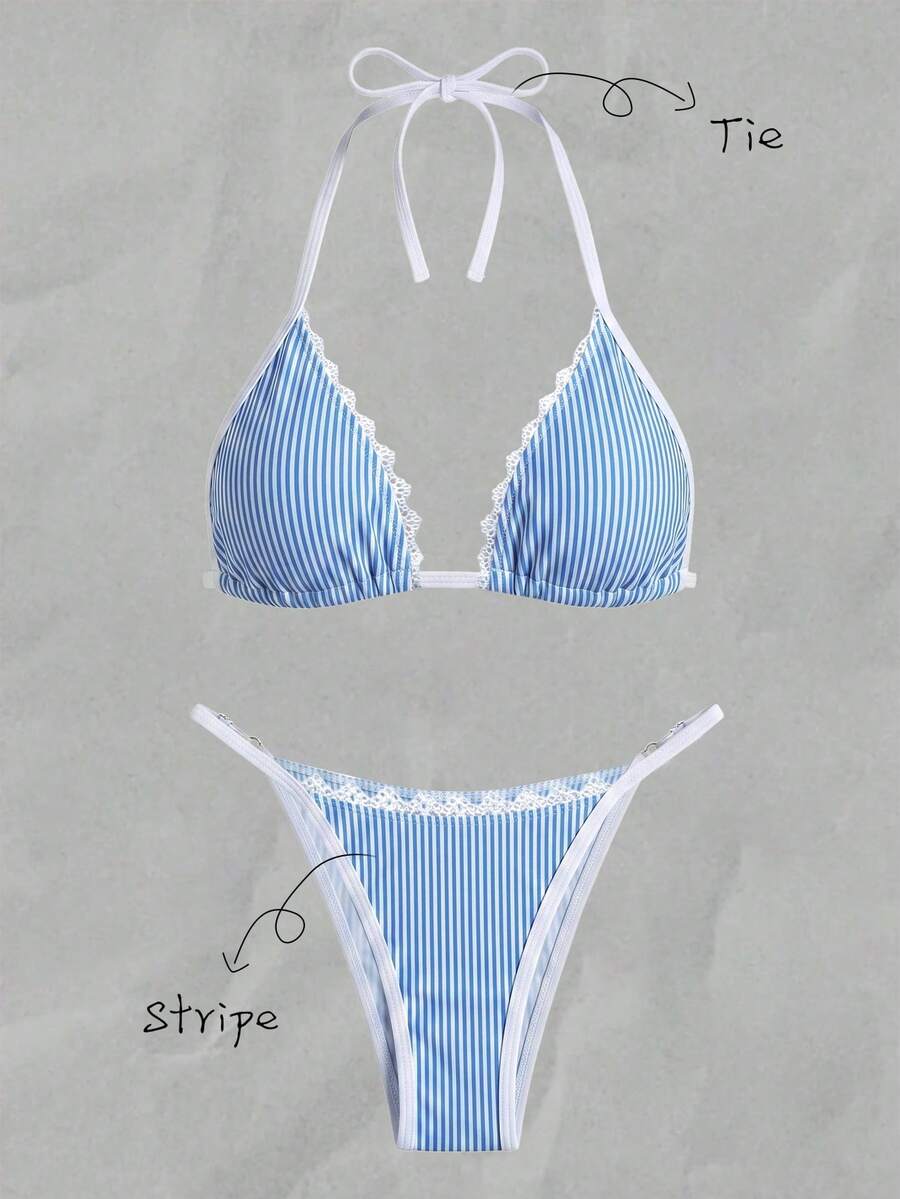 Elavelle Women's Random Print Halter Neck Ruffle Bikini Set, Spring/Summer - Multicolor - View 1