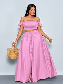 SOLERSUN Plus Size Women's Vacation Romantic Elegant Linen-Like Off Shoulder Small Flying Sleeves Crop Top And A-Line Center Front Slit Maxi Skirt Suit, Women Two Pieces Outfits,Casual Daily Wear,Suitable For Daily Dressing, Shopping, Dating, And Island Vacations,Quiet Luxury Vacation - Pink - View 4