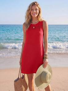 SHEIN LUNE 女士夏季纯色拼接蕾丝宽松优雅无袖连衣裙，休闲款 - 紅色 - 查看 4