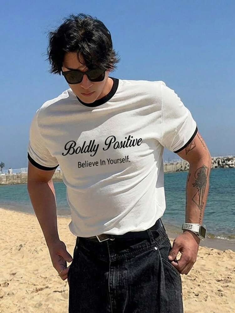 Men's Slim Fit Short Sleeve Letter Print T-Shirt, Summer