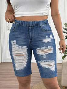 SHEIN Frenchy Leggings casuales de talla grande con efecto de mezclilla azul y patrón rasgado, adecuados para el verano - Azul - Ver 7