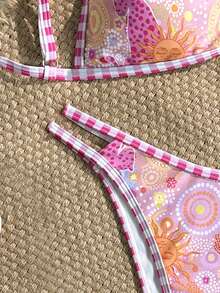 Swim Mod 2026SS Pink Paisley Print Patchwork Pink White Plaid Y2K Sexy Boho Style Sweet Cute Girl's Beach Golf Holiday Holiday Swimwear Set Summer - Multicolor - View 7