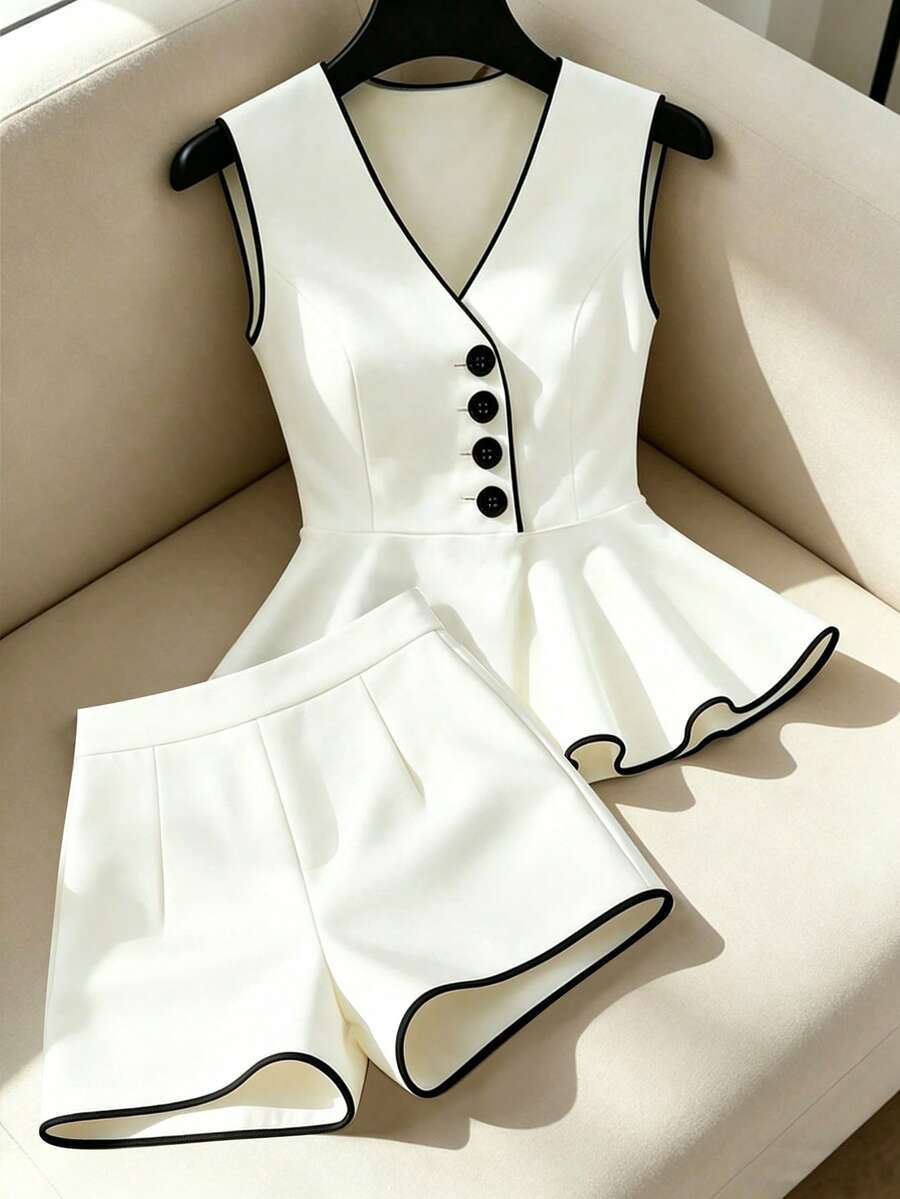 SHEIN Franclia 女士新款黑白撞色单排扣荷叶边无袖上衣和短裤套装 - 黑與白 - 查看 1