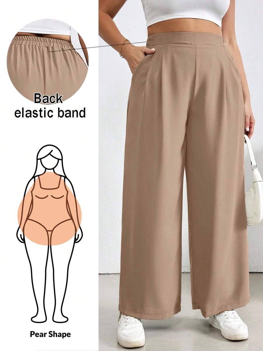 SHEIN Essnce Pantalones anchos de cintura elástica de color albaricoque, estilo minimalista, holgados, para trabajo, verano europeo, vacaciones de mujer, Bottom holgada para mujer de talla grande, de primavera y verano, moda casual, sueltos y cómodos