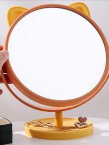 Round Base Cat Ear Makeup Mirror, Dual-Sided HD Desktop Vanity Mirror With Plastic Frame For Home & Dorm - Pink - View 3