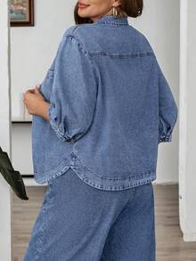 EMERY ROSE Mature Denim Plus Size Women's Solid Color Casual Long Sleeve Denim Blouse - Medium Wash - View 2