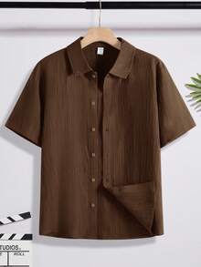 SHEIN 青少年男童休闲夏季度假通勤简约纯色纹理面料短袖衬衫 - 棕色 - 查看 7