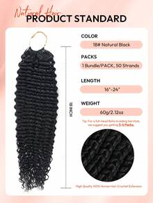 Boho Braids 60克50股卷曲真人钩编发，适合女性，长度14-22英寸，缅甸卷发束，100%真人发，预先分离，隐形奇迹结，羽毛钩编真人发，波西米亚风接发，自然黑1B# - S1B - 查看 4
