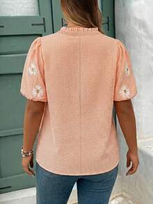 SHEIN CURVE+ Plus Size Women Striped Daisy Print Ruffle Hem Patchwork Blouse - Orange - View 2