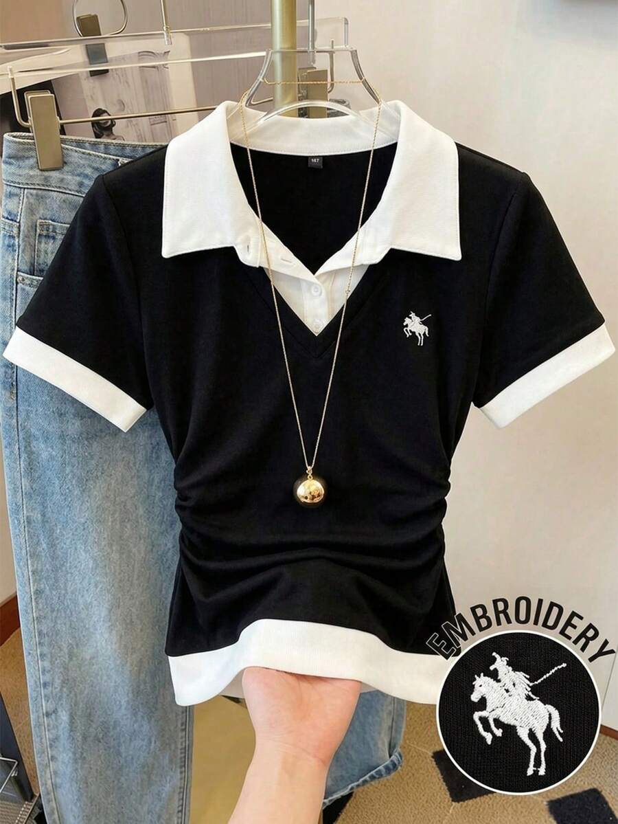 SHEIN Clasi Áo thun ngắn tay nữ cỡ lớn thêu hình hiệp sĩ, kiểu dáng tối giản, tay ngắn, 2 trong 1. - màu đen - Xem 1