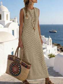 SHEIN Holidaya New Solid Color Sexy Hollow Out Beach Bikini Cover Up Knitted Dress, Swimsuit Coverup - Khaki - View 5